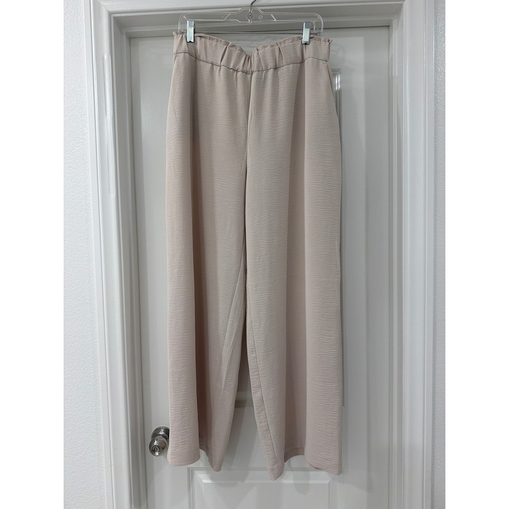 Hilary Radley Wide Leg Pants Womens Large Beige Elastic Waist Pockets D5540
